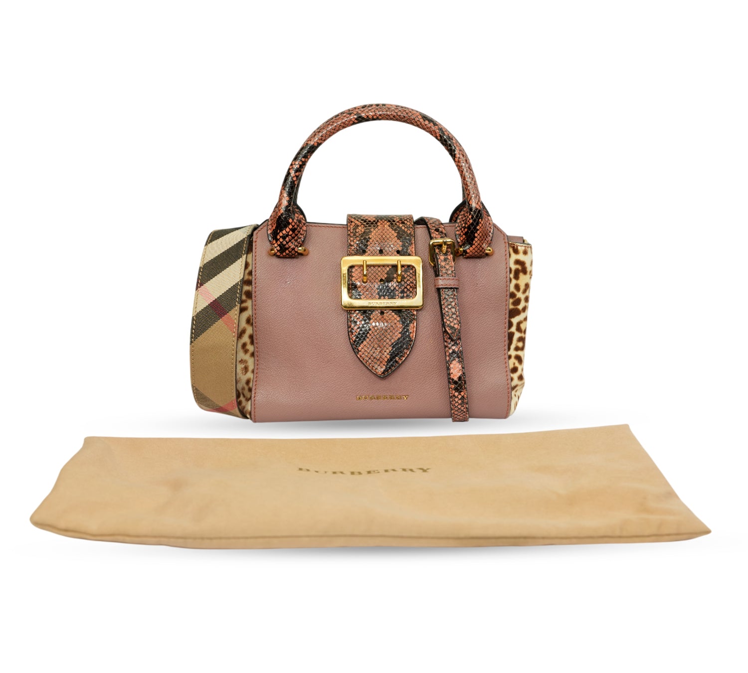 Mixed Leather & Exotic Python/Leopard Print Small Buckle Bag