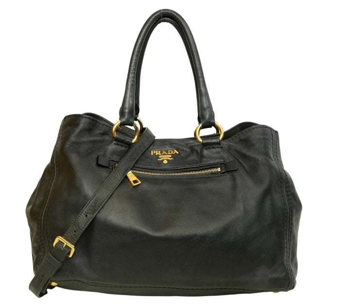 Black Vitello Daino Front Pocket Convertible Tote