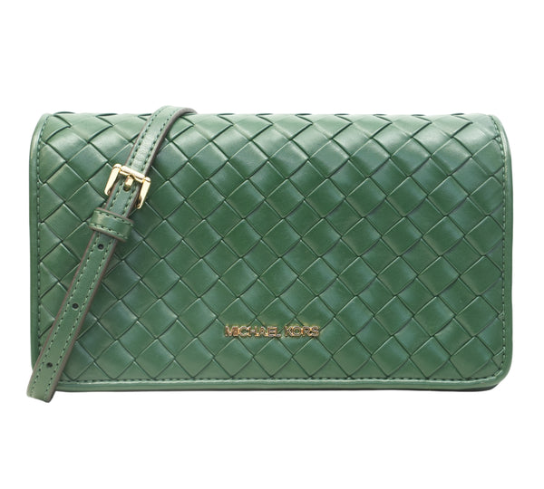 Moss Green Jet Set Medium Woven Crossbody Bag