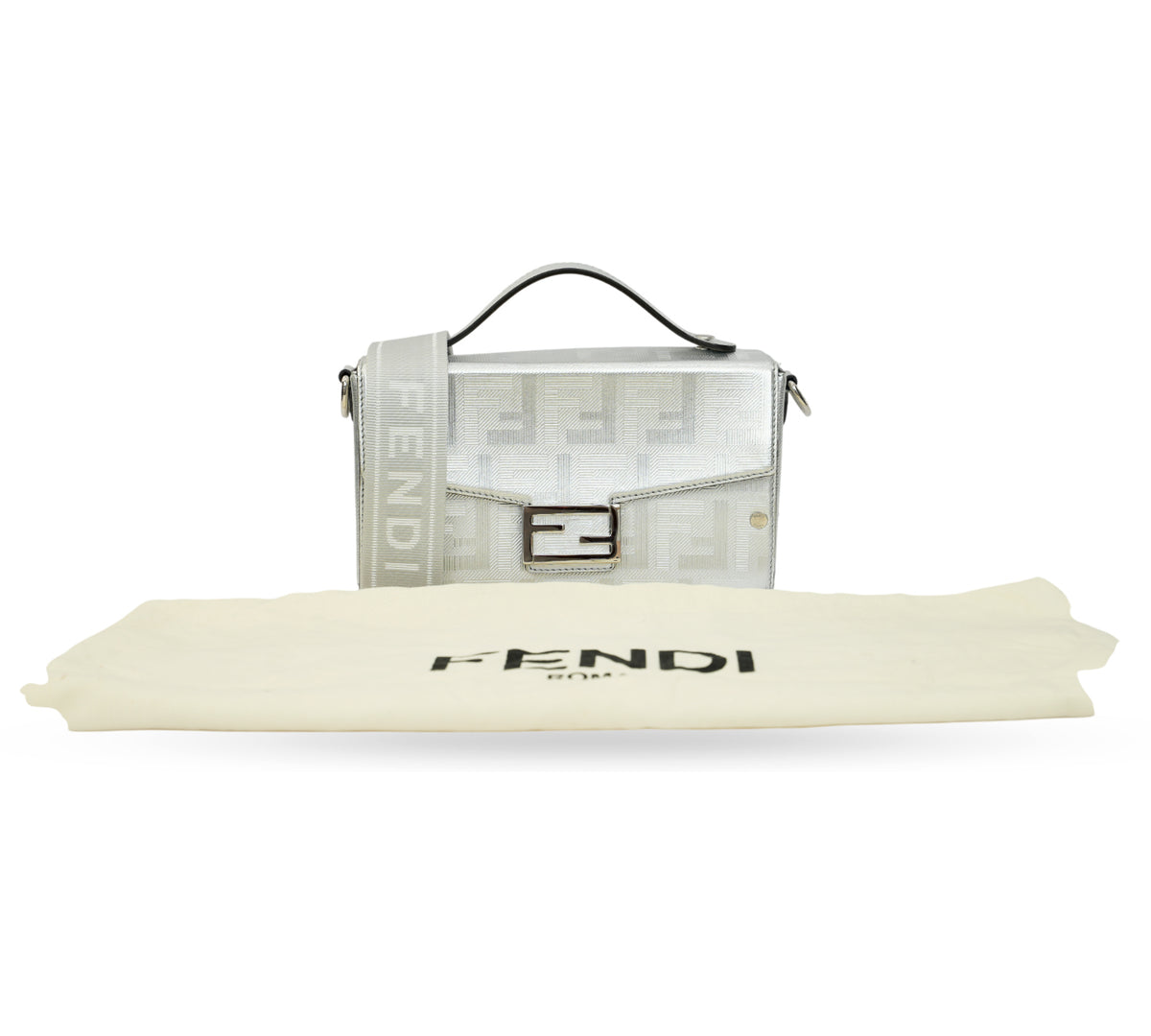 Fendi  Silver FF Embroidered Canvas Baguette Bag