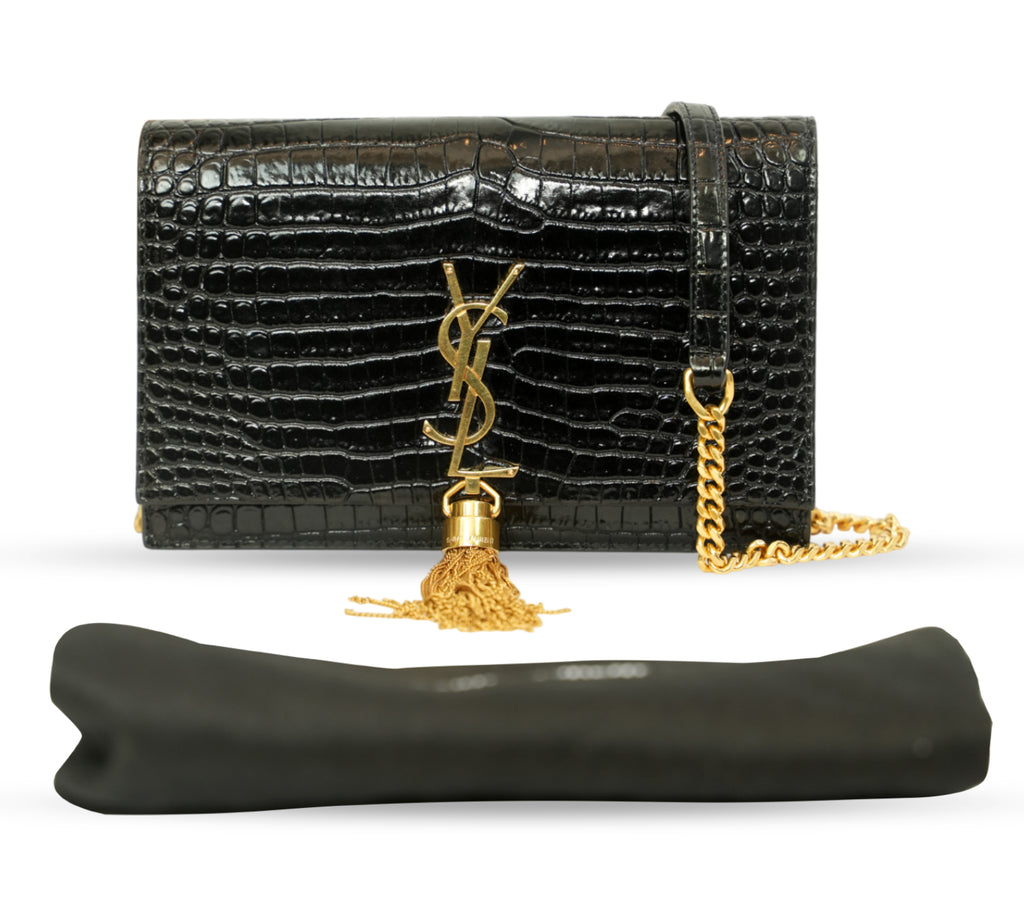 Black Crocodile-Embossed Kate Tassel Shoulder Bag