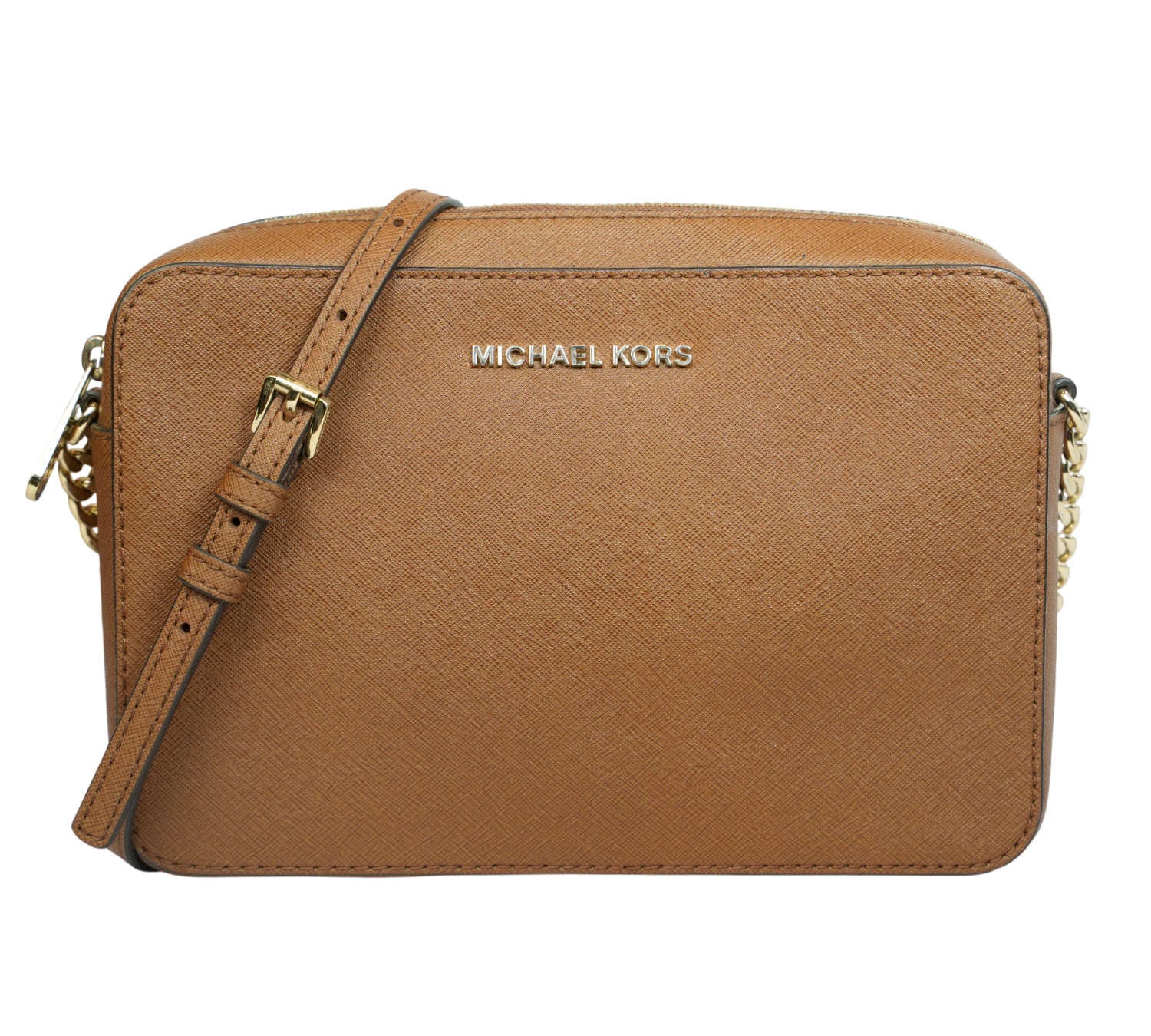 Brown Jet Set Large East West Saffiano Leather Crossbody Bag