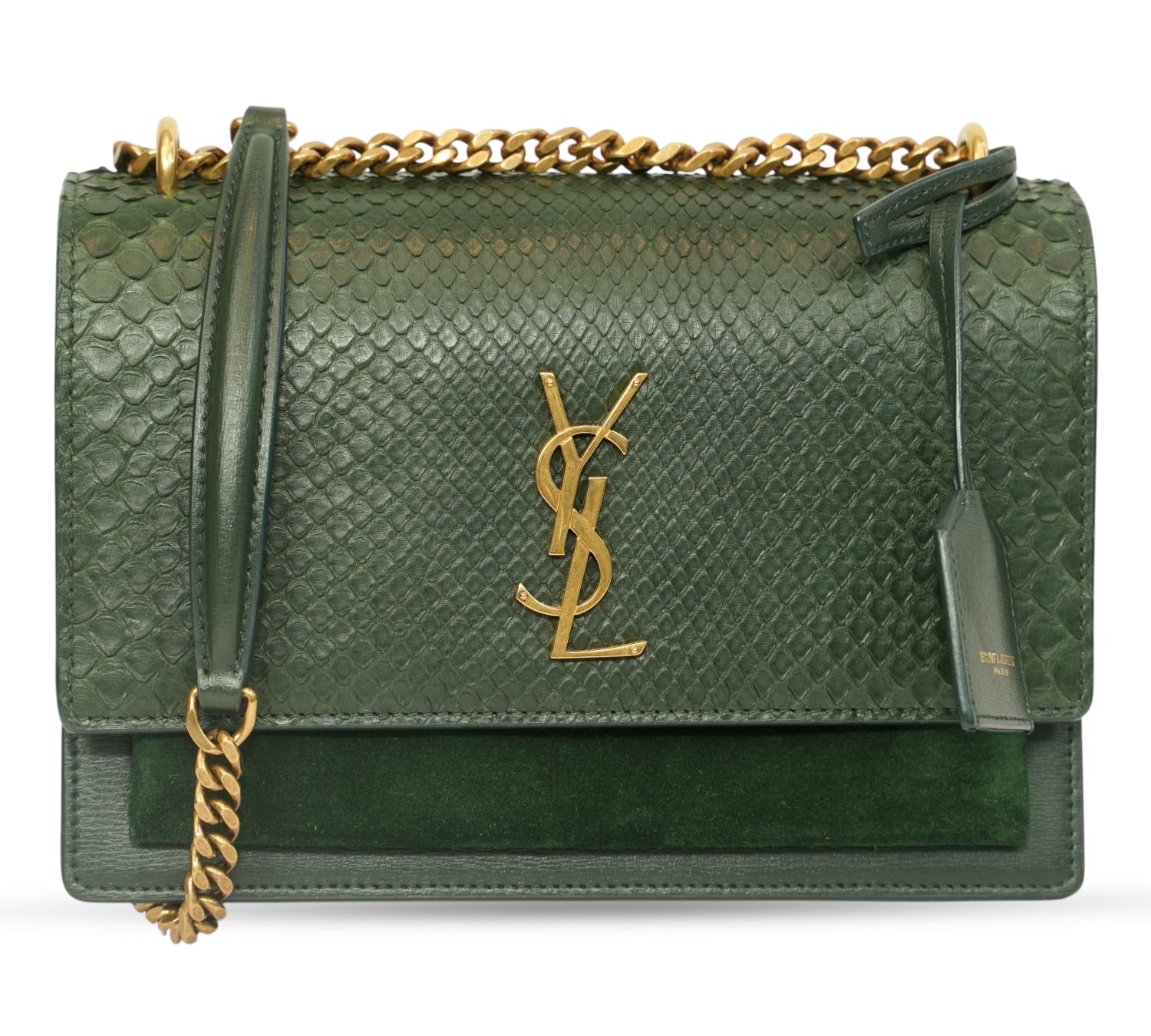 Moss Green Python Embossed Medium Sunset Chain Shoulder Bag