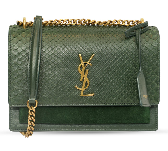 Moss Green Python Embossed Medium Sunset Chain Shoulder Bag