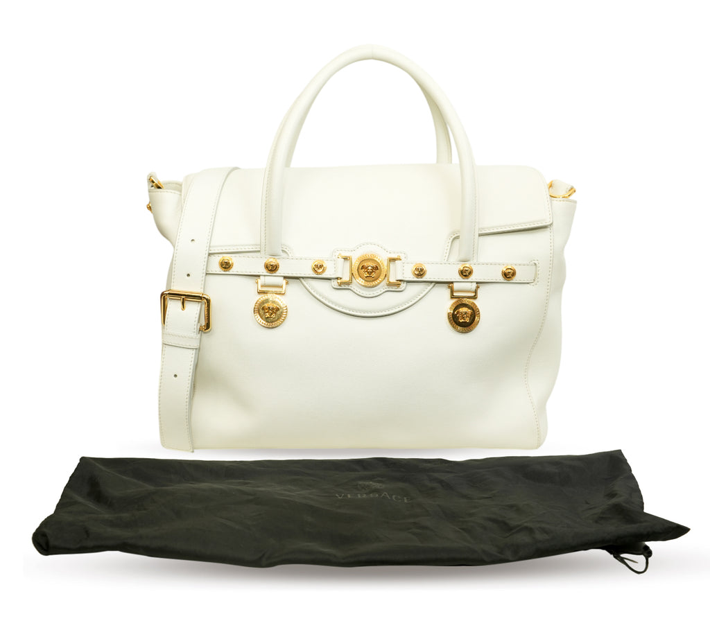 White Leather Medusa Medallion Tote Bag