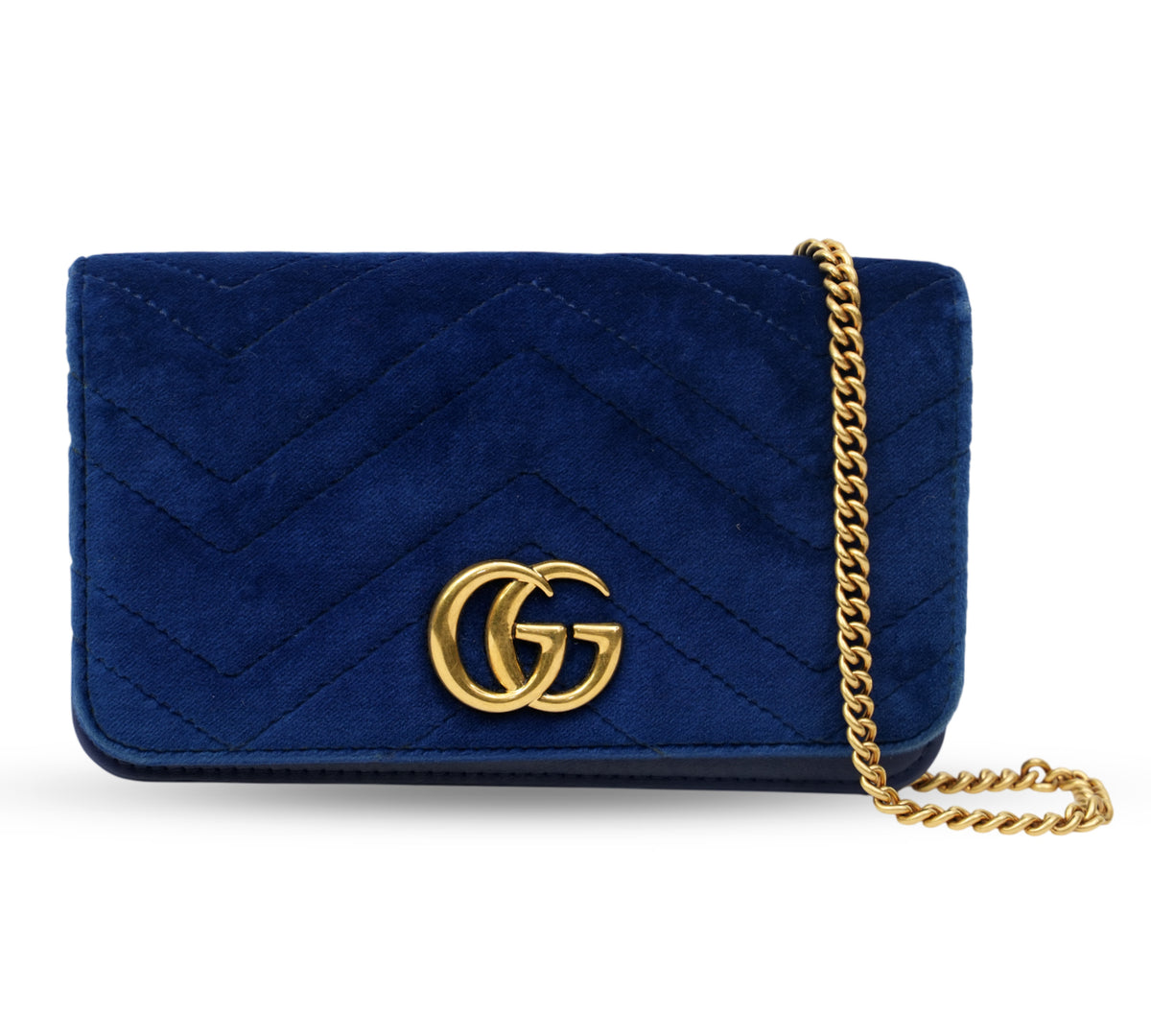 Gucci   GG Marmont Blue Matelasse Velvet Wallet On Chain