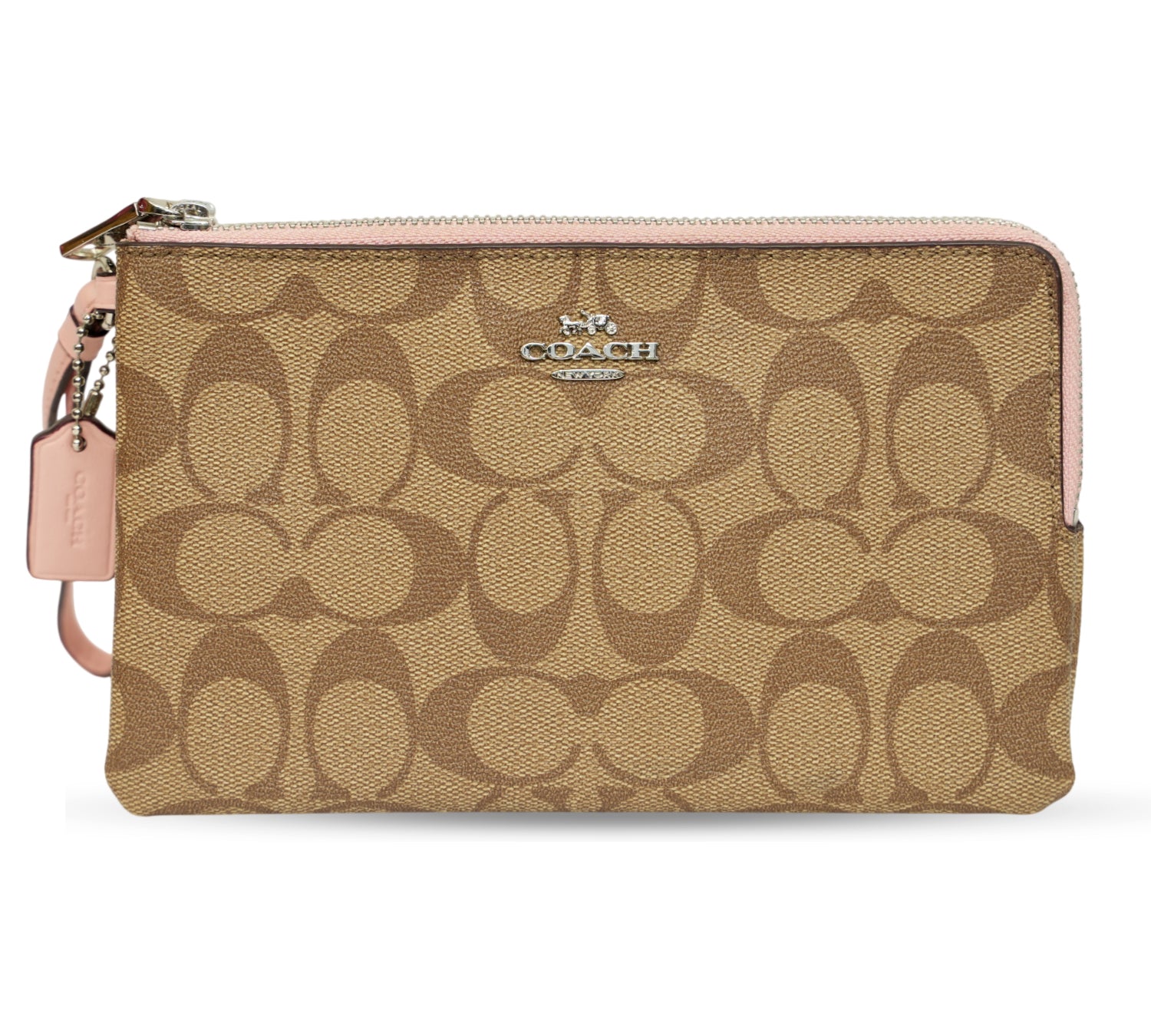 Khaki/Pink Signature Canvas Double Zip Wristlet