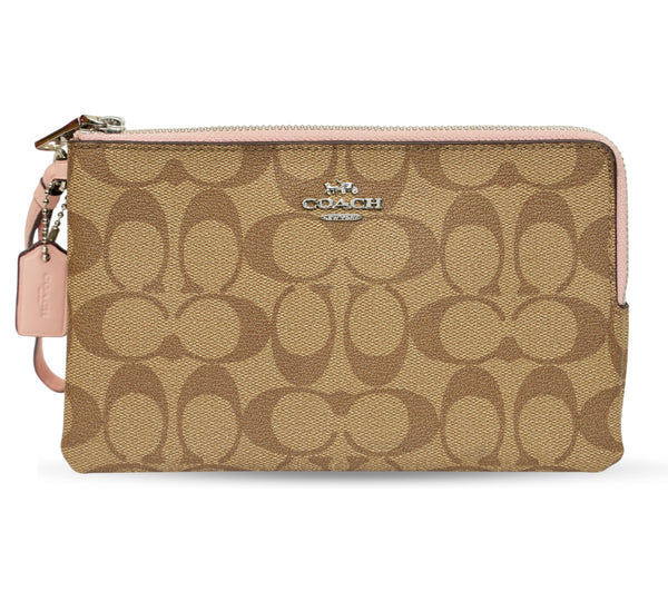 Khaki/Pink Signature Canvas Double Zip Wristlet