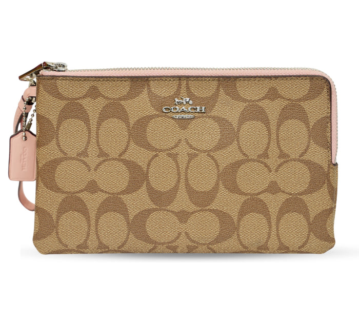 Khaki/Pink Signature Canvas Double Zip Wristlet