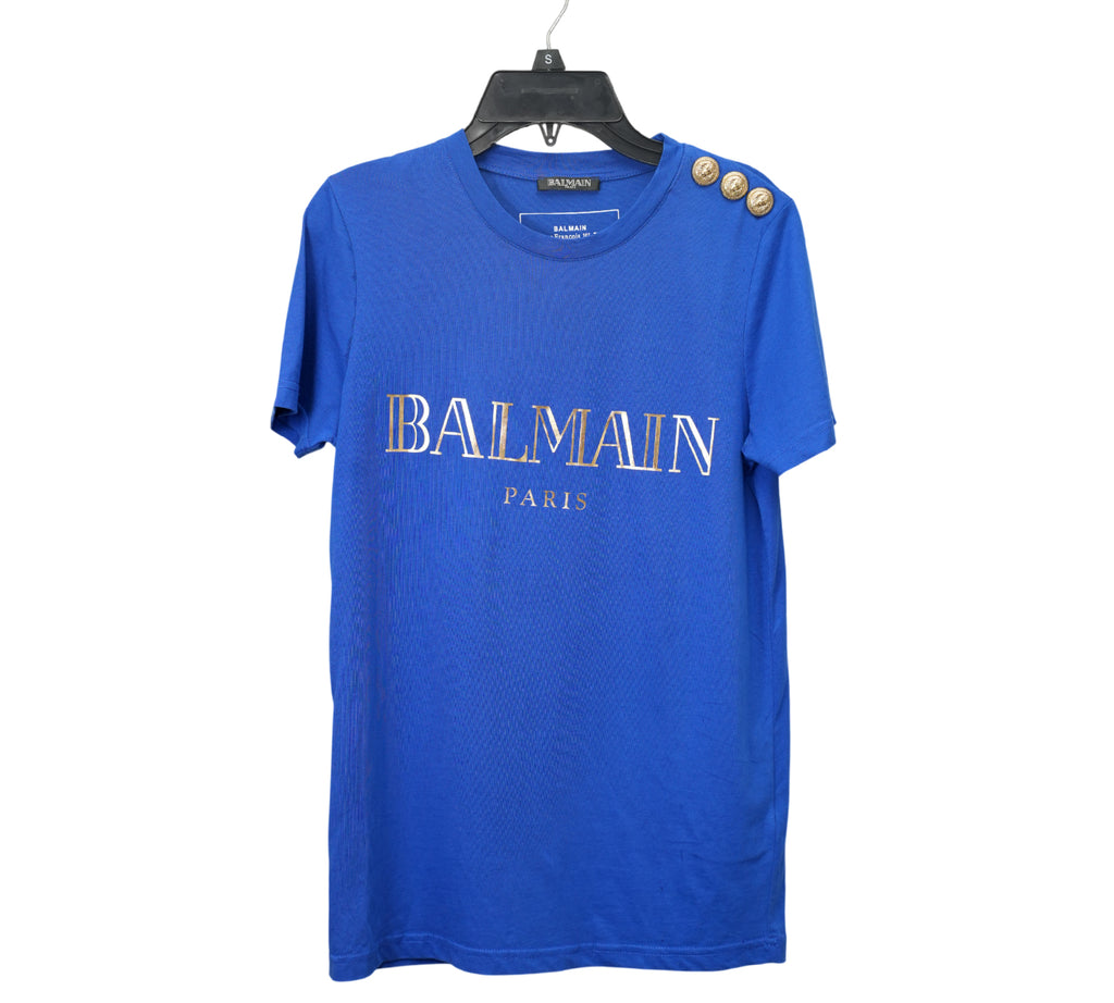 Blue Logo-Print Button-Embellished T-Shirt Size - XS