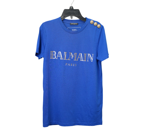 Blue Logo-Print Button-Embellished T-Shirt Size - XS