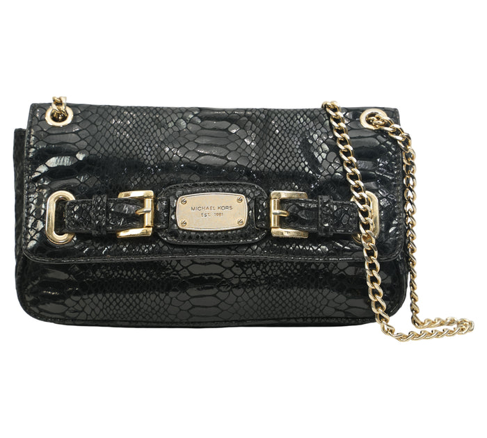 Black Python-Effect Leather Hamilton Flap Shoulder Bag