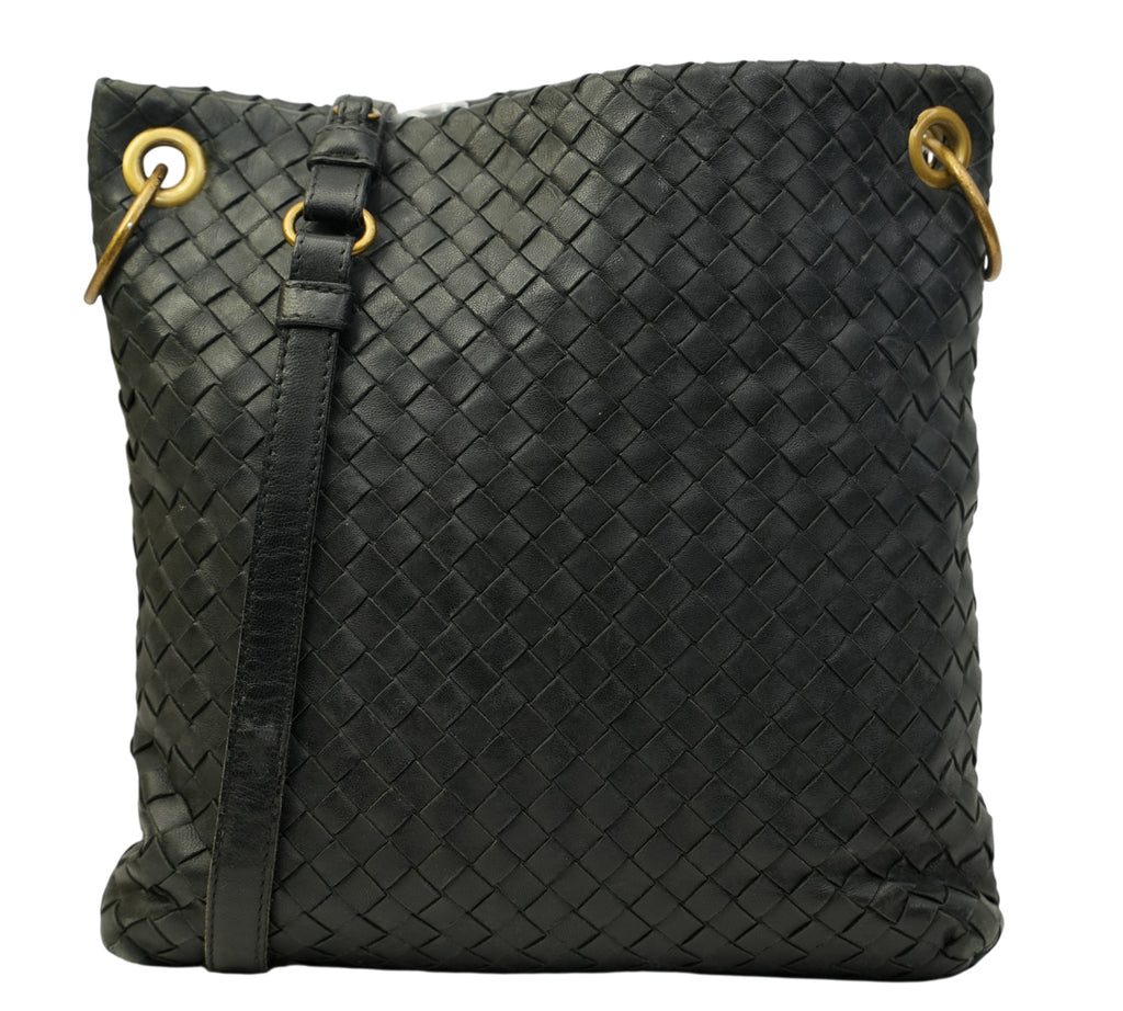 Black Intrecciato Flat Messenger Bag
