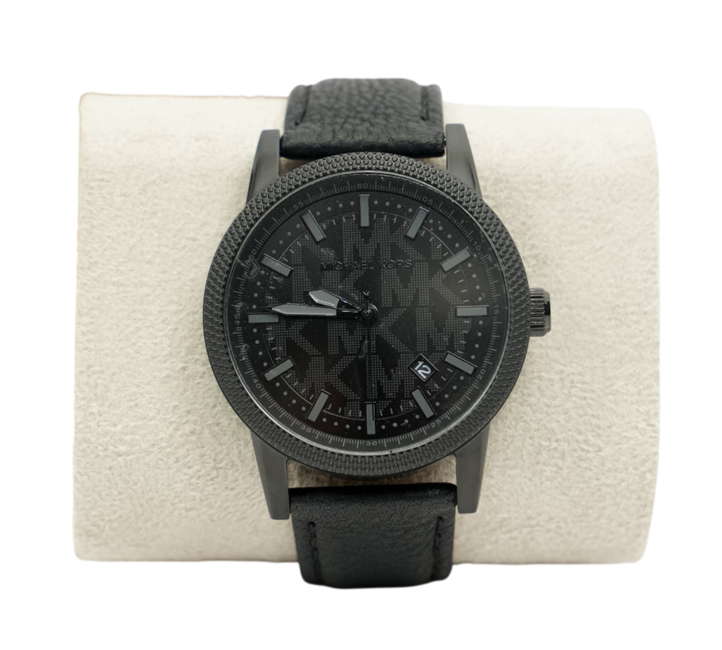Oversized Hutton Black-Tone and Leather Watch