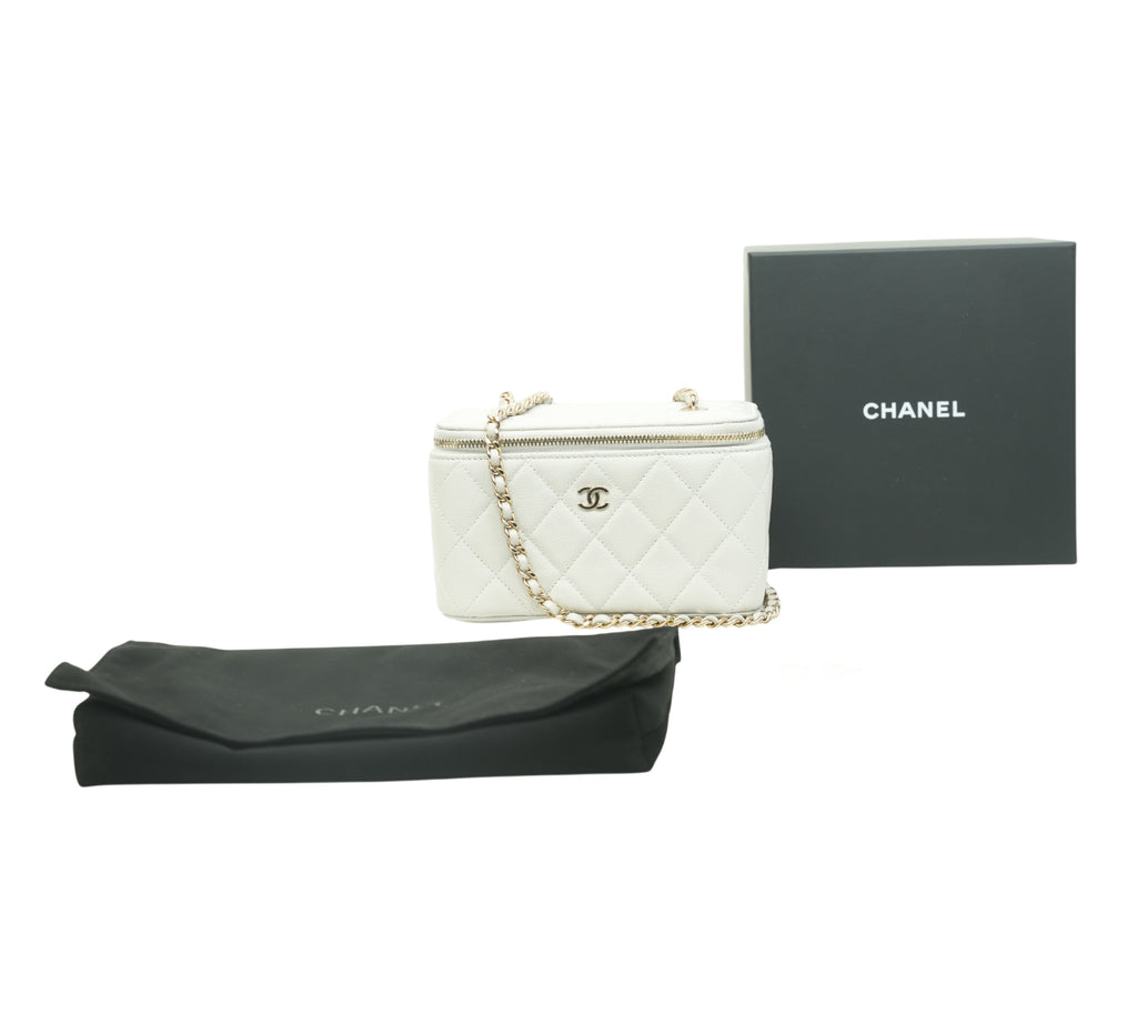 White Quilted Caviar Leather Small Vanity Case Bag