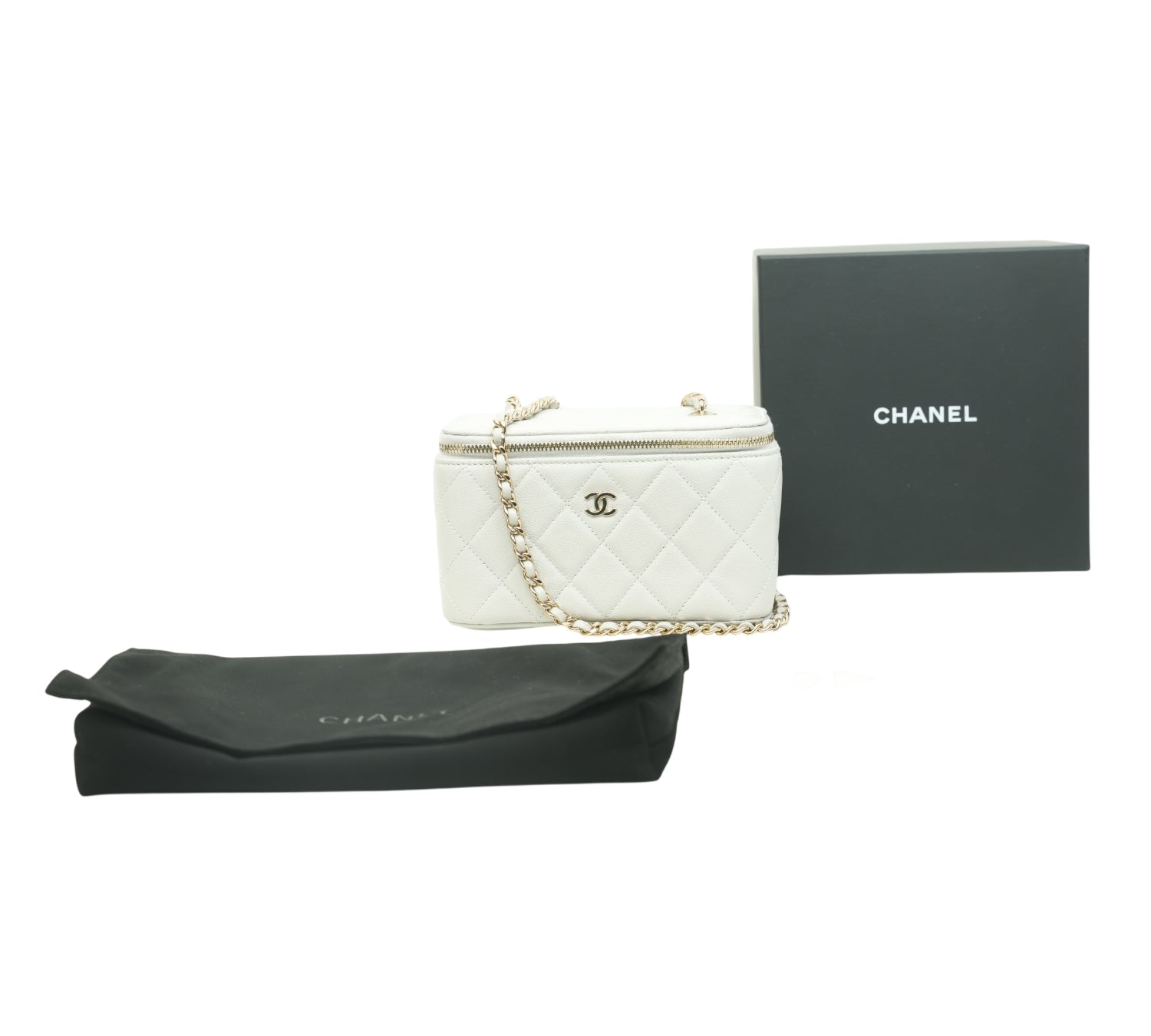 White Quilted Caviar Leather Small Vanity Case Bag