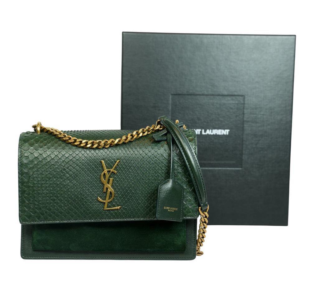 Moss Green Python Embossed Medium Sunset Chain Shoulder Bag
