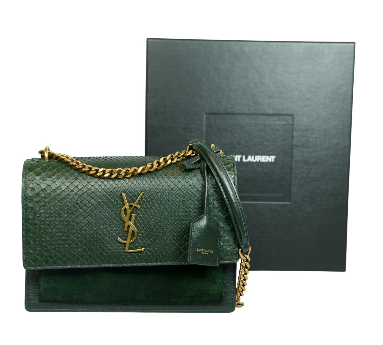 Moss Green Python Embossed Medium Sunset Chain Shoulder Bag