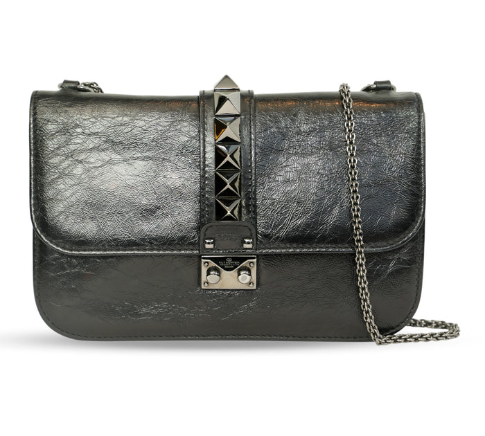 Black Crinkled Glam Lock Shoulder Bag