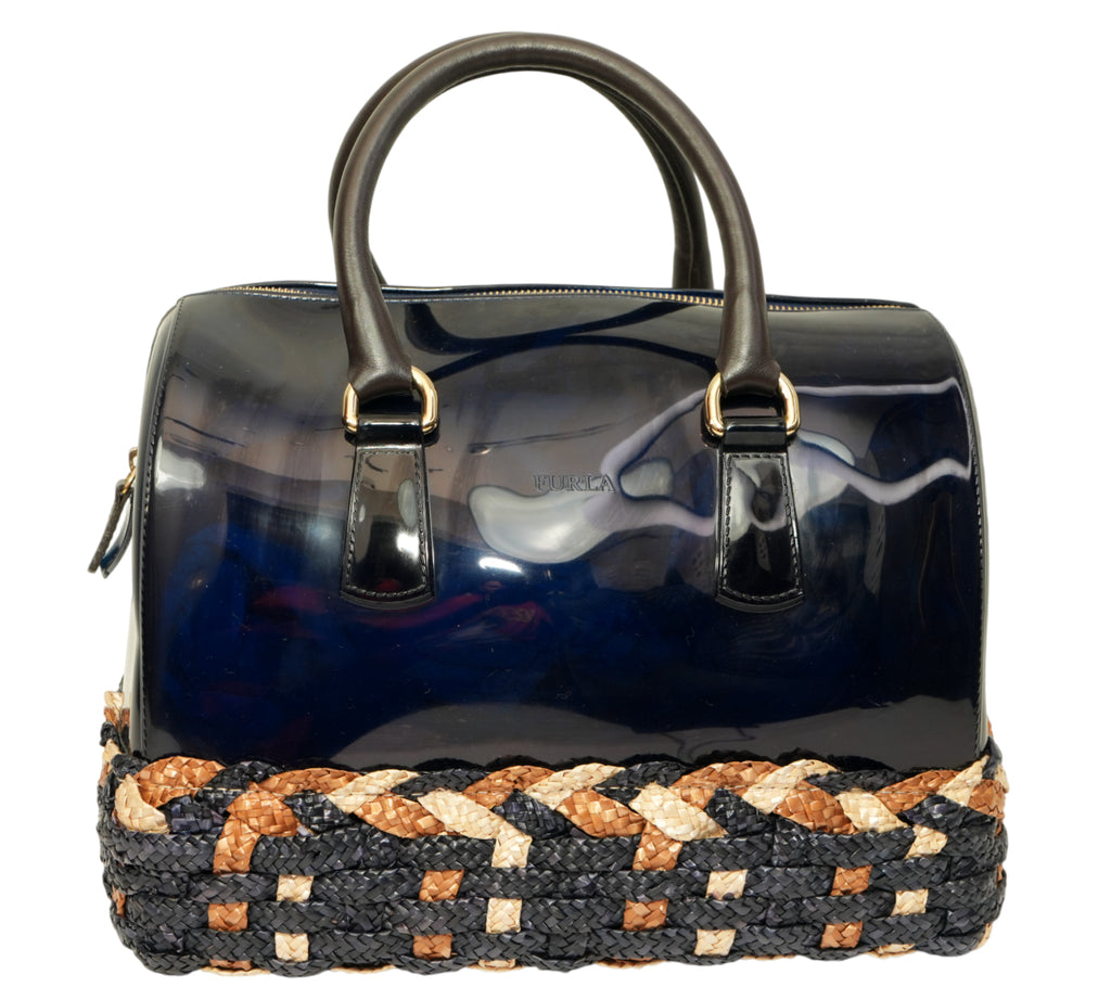 Candy Glossy Rubber & Woven Straw Satchel Bag