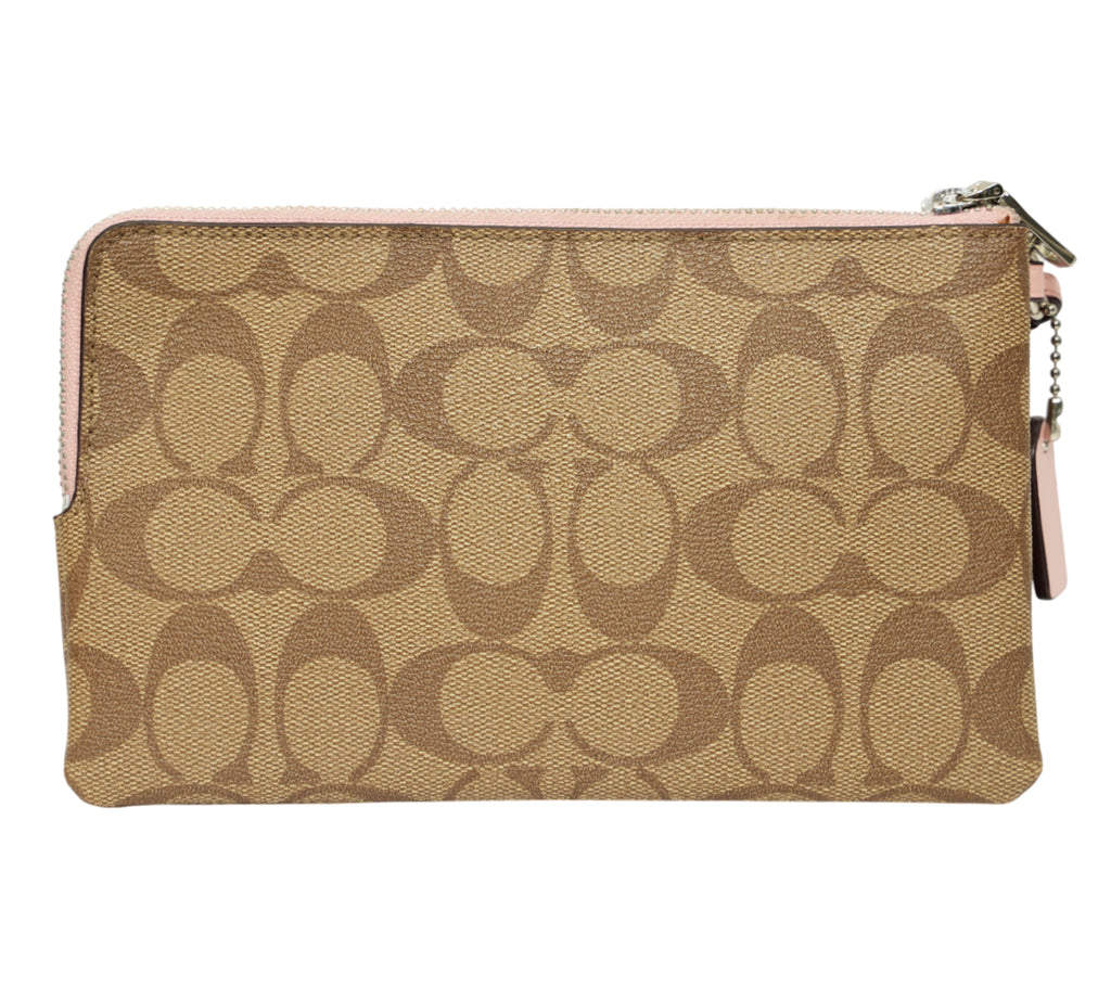 Khaki/Pink Signature Canvas Double Zip Wristlet