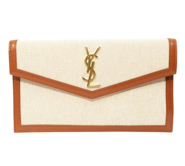 Beige/Tan Canvas & Leather Medium Uptown Clutch