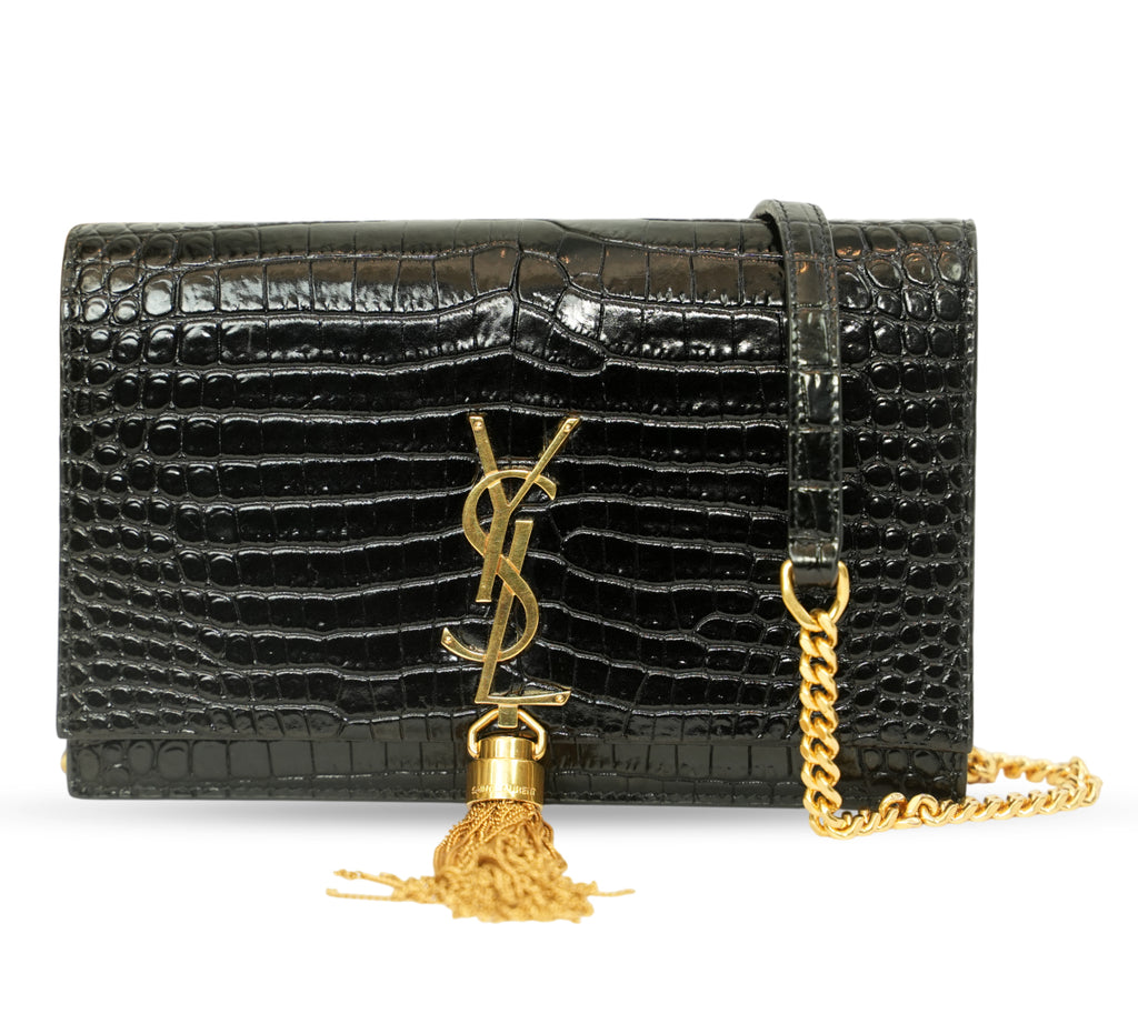 Black Crocodile-Embossed Kate Tassel Shoulder Bag