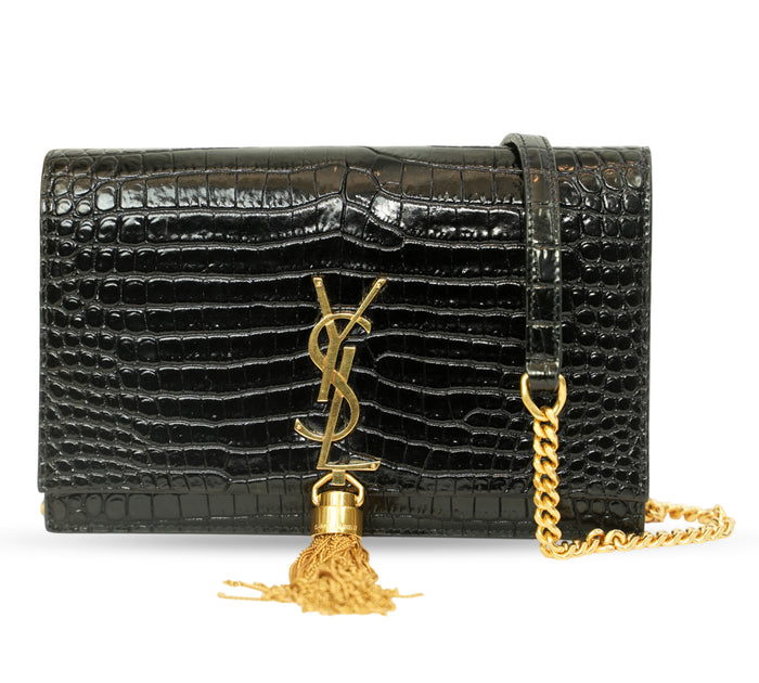 Black Crocodile-Embossed Kate Tassel Shoulder Bag