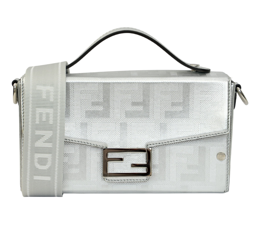 Silver FF Embroidered Canvas Baguette Bag
