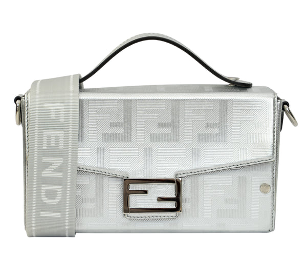 Silver FF Embroidered Canvas Baguette Bag