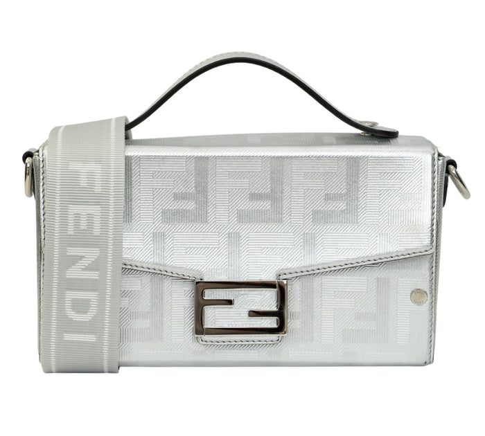 Silver FF Embroidered Canvas Baguette Bag