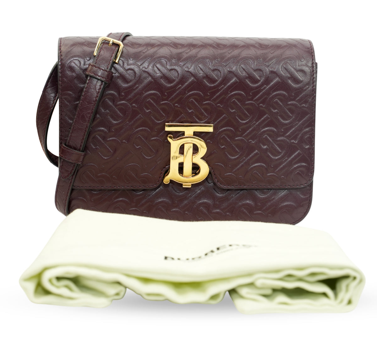 Burberry  Deep Maroon Monogram Embossed Leather Small TB Bag