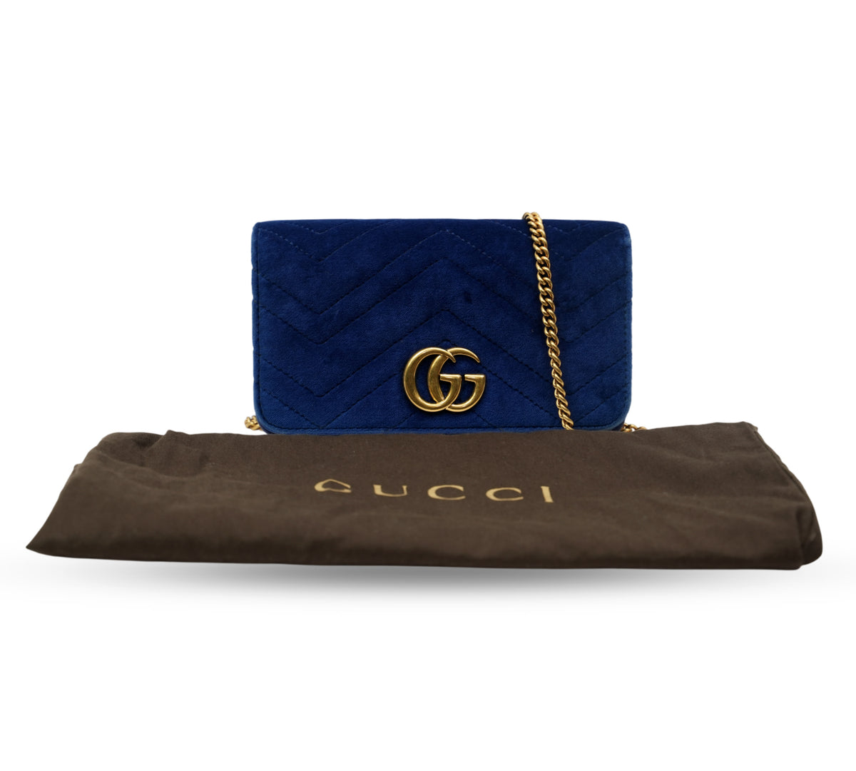 Gucci   GG Marmont Blue Matelasse Velvet Wallet On Chain