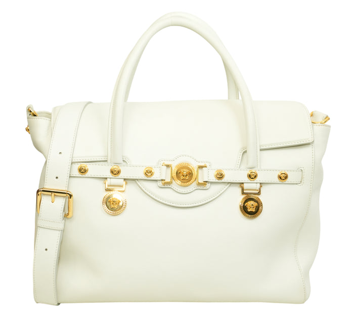 White Leather Medusa Medallion Tote Bag