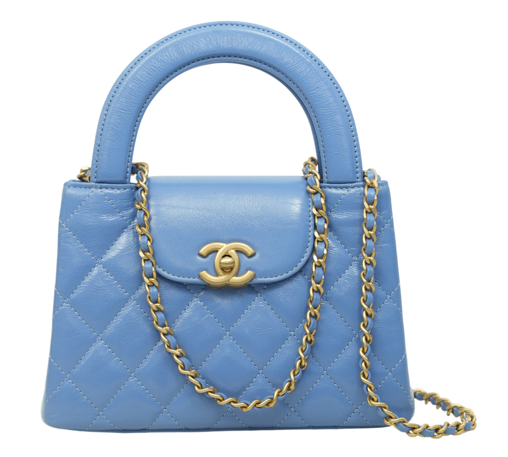 Blue Quilted Calfskin Leather Nano Kelly Shopper Bag