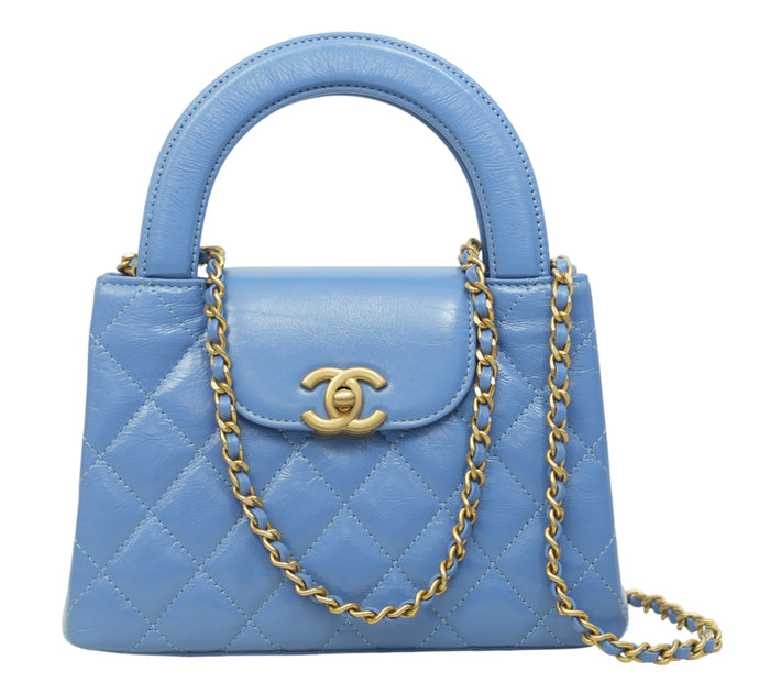 Blue Quilted Calfskin Leather Nano Kelly Shopper Bag
