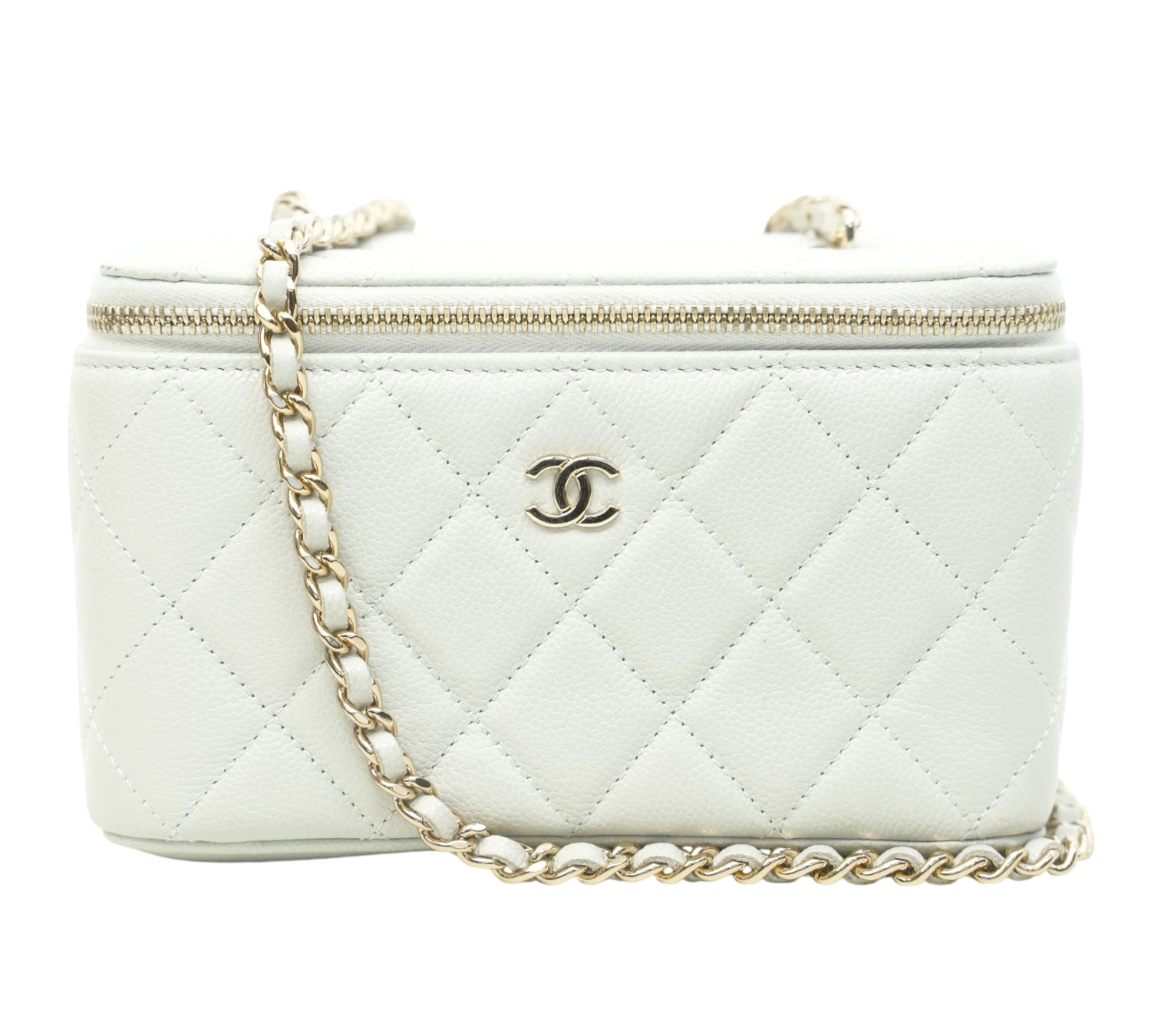 White Quilted Caviar Leather Small Vanity Case Bag