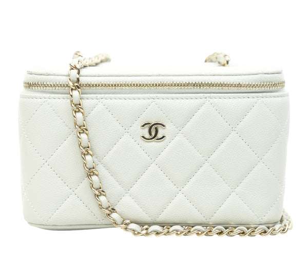 White Quilted Caviar Leather Small Vanity Case Bag