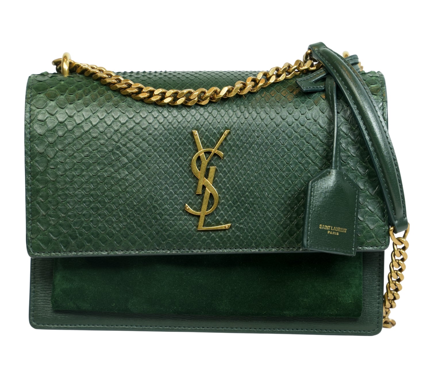 Moss Green Python Embossed Medium Sunset Chain Shoulder Bag