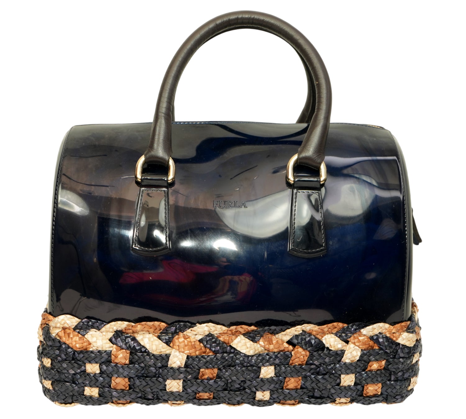 Furla   Candy Glossy Rubber & Woven Straw Satchel Bag