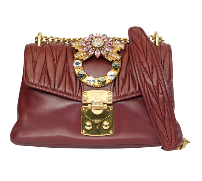 Burgundy Crystal-Embellished Matelassé Shoulder Bag
