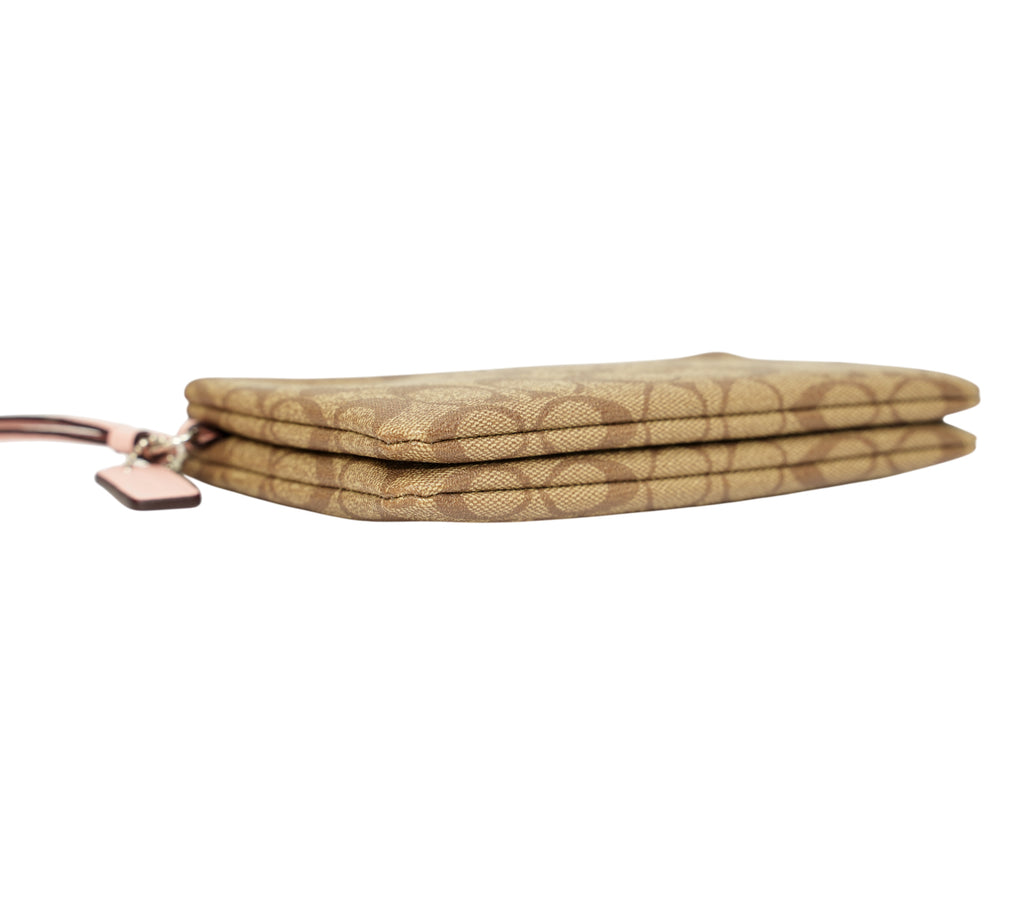 Khaki/Pink Signature Canvas Double Zip Wristlet