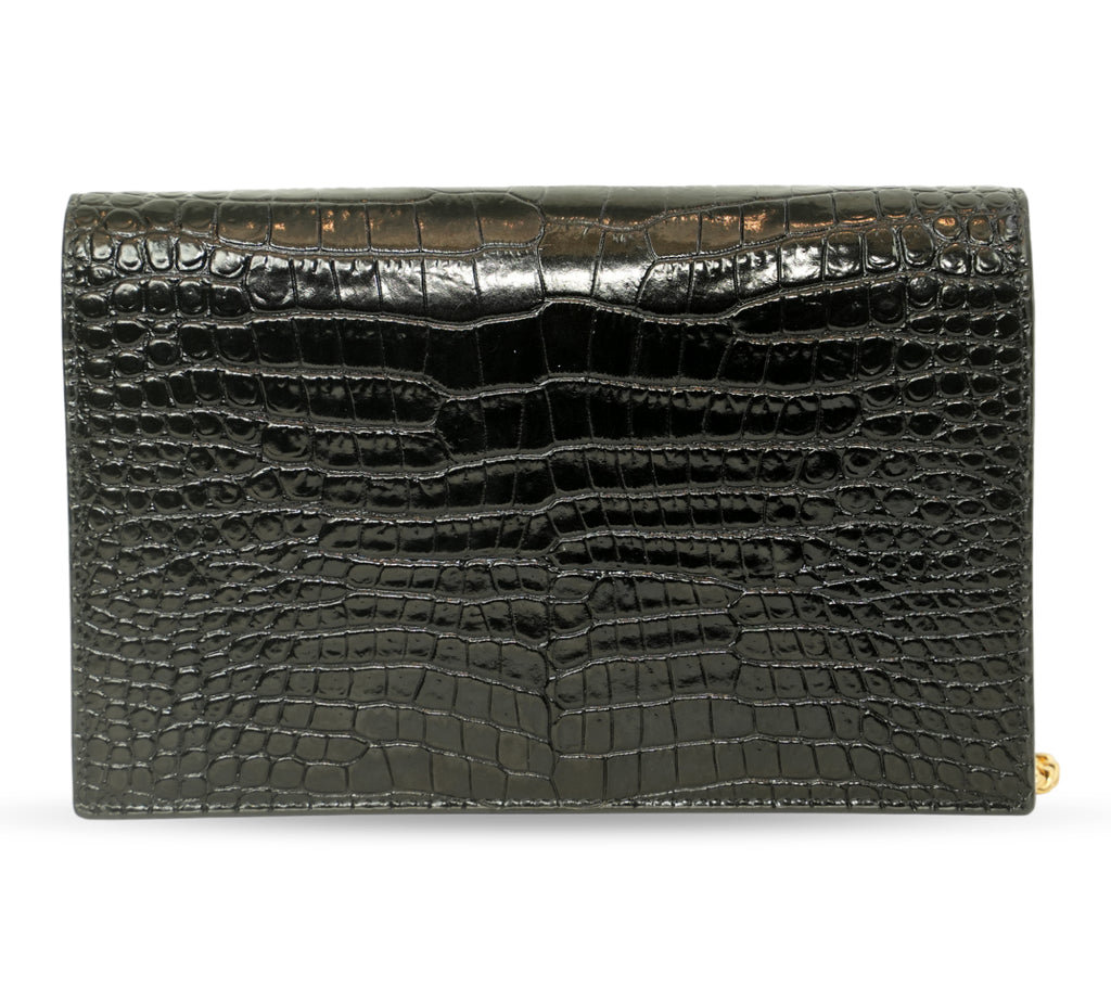 Black Crocodile-Embossed Kate Tassel Shoulder Bag