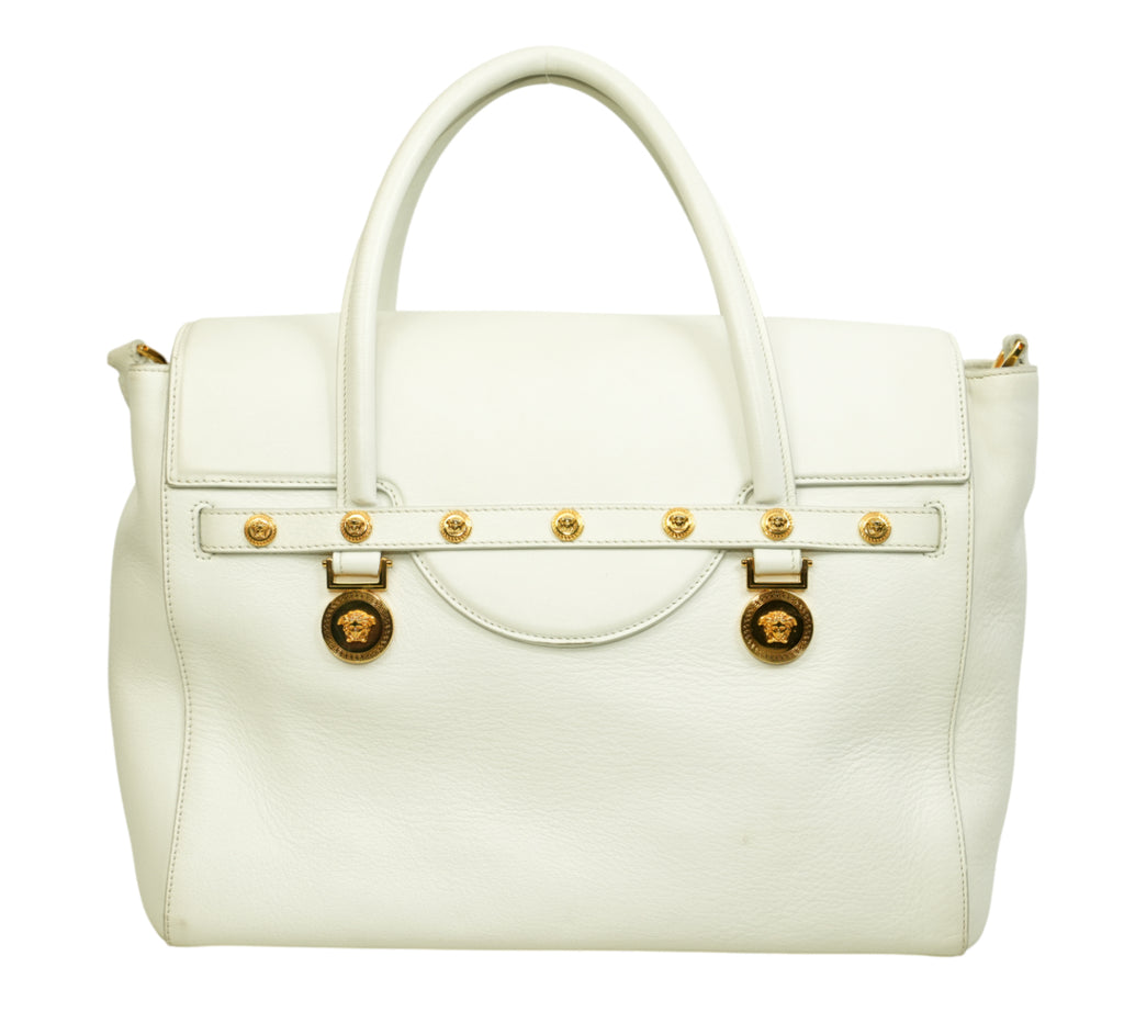 White Leather Medusa Medallion Tote Bag
