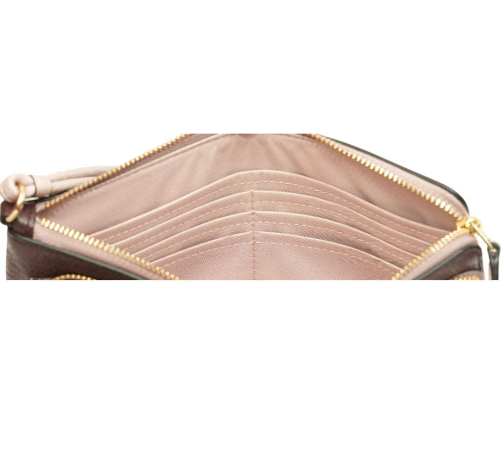 Beechwood/Plum Pebbled Leather Double Zip Wristlet