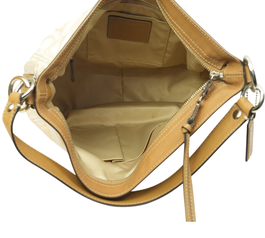 Brown/Beige Op Art Signature Fabric & Leather Zoe Hobo