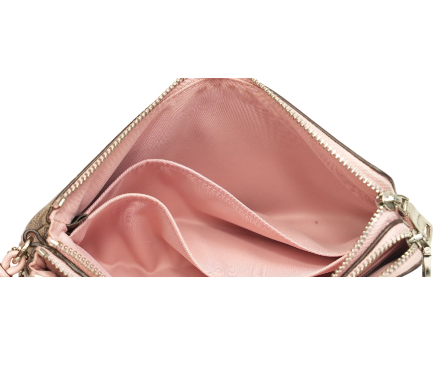 Khaki/Pink Signature Canvas Double Zip Wristlet