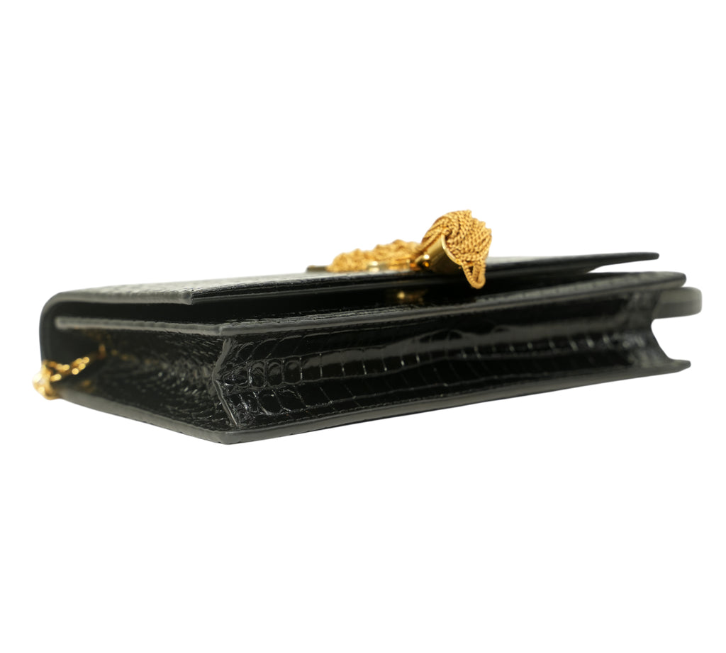 Black Crocodile-Embossed Kate Tassel Shoulder Bag