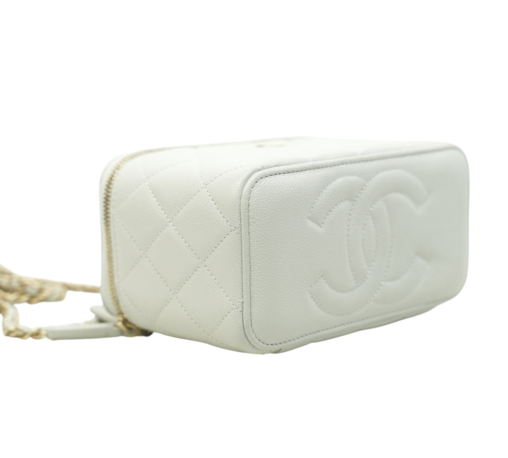 White Quilted Caviar Leather Small Vanity Case Bag