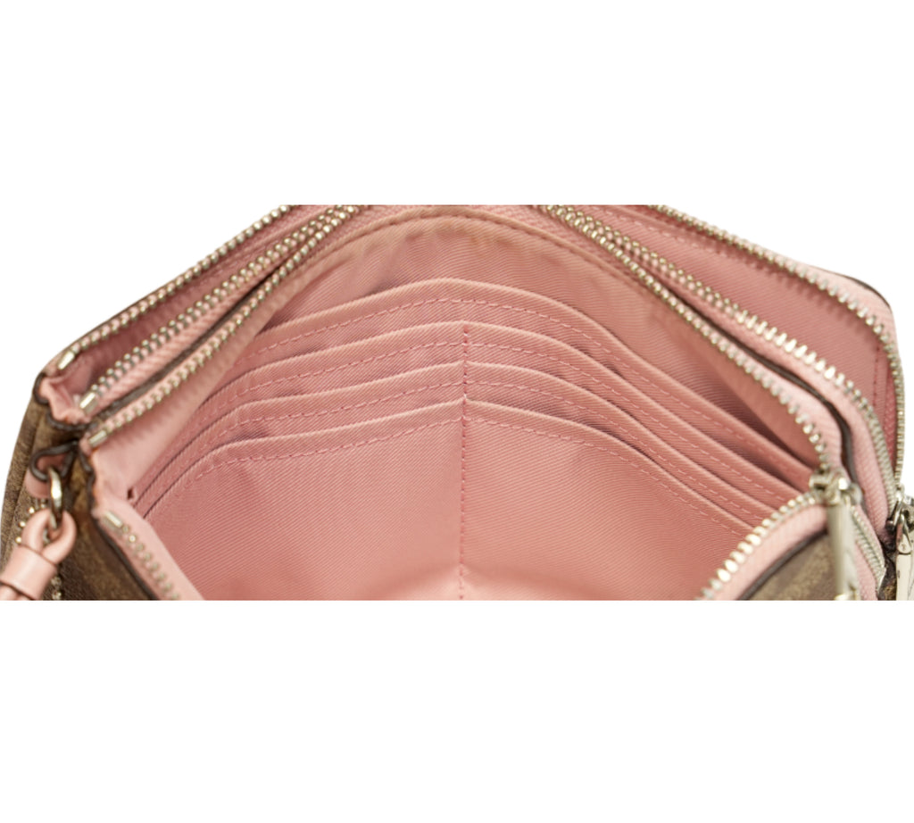 Khaki/Pink Signature Canvas Double Zip Wristlet